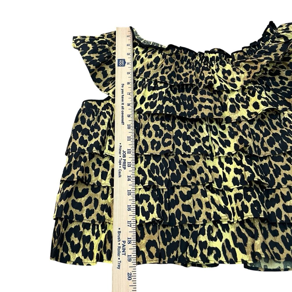 Ganni Leopard Print Blouse 38EU/Medium Tiered Ruffle Open Back Flutter Sleeve - Picture 8 of 10